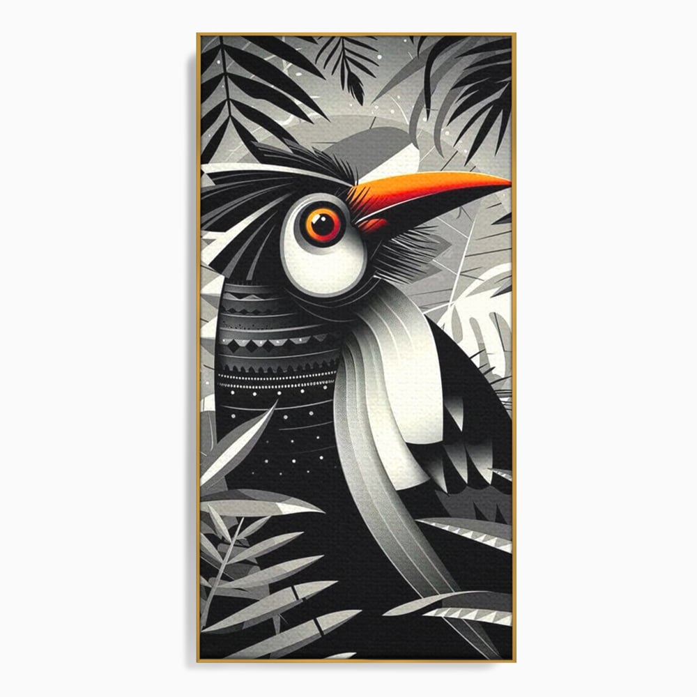 Tablou canvas cu tablou canvas cu pasare exotica in jungla, in rama de aluminiu auriu