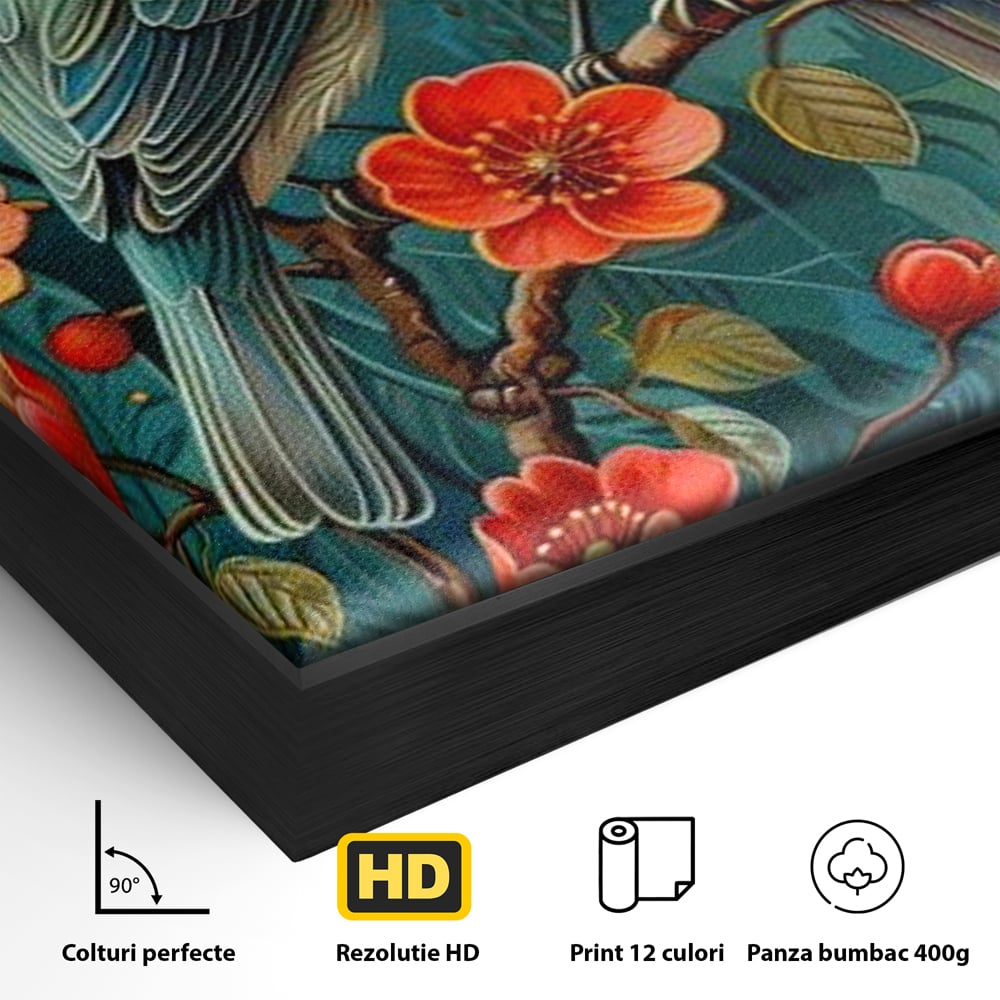 Detaliu al suprafetei: tablou canvas cu pasari pe creanga, in rama de aluminiu negru