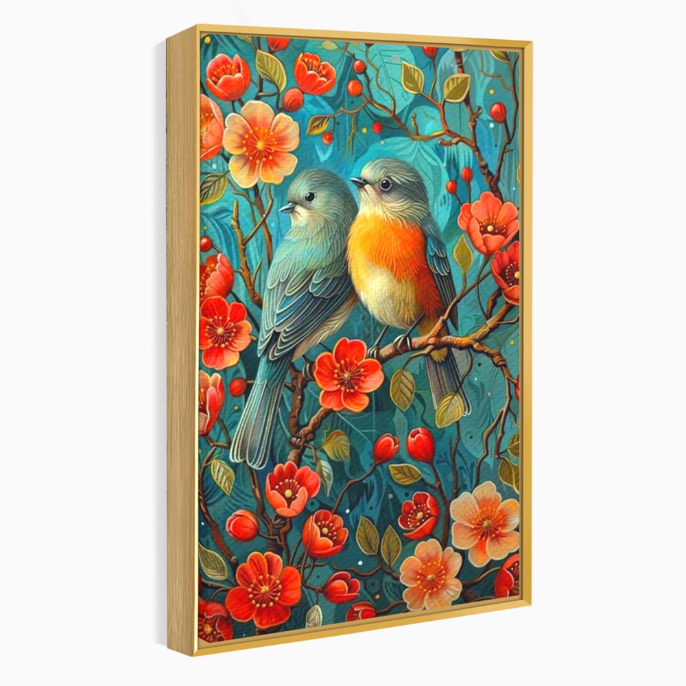 Tablou canvas cu tablou canvas cu pasari pe creanga, in rama de aluminiu auriu
