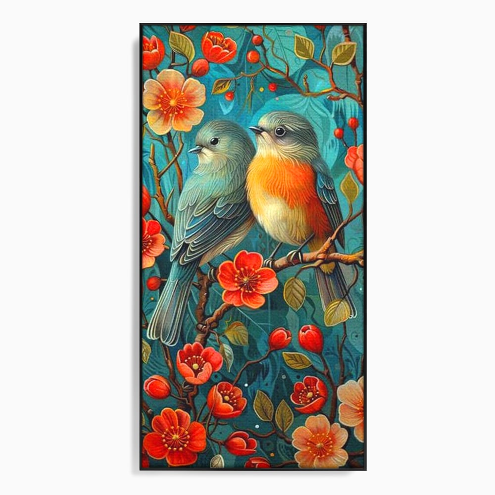 Tablou canvas cu tablou canvas cu pasari pe creanga, in rama de aluminiu negru