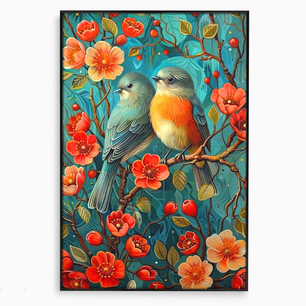 Tablou canvas cu tablou canvas cu pasari pe creanga, in rama de aluminiu negru