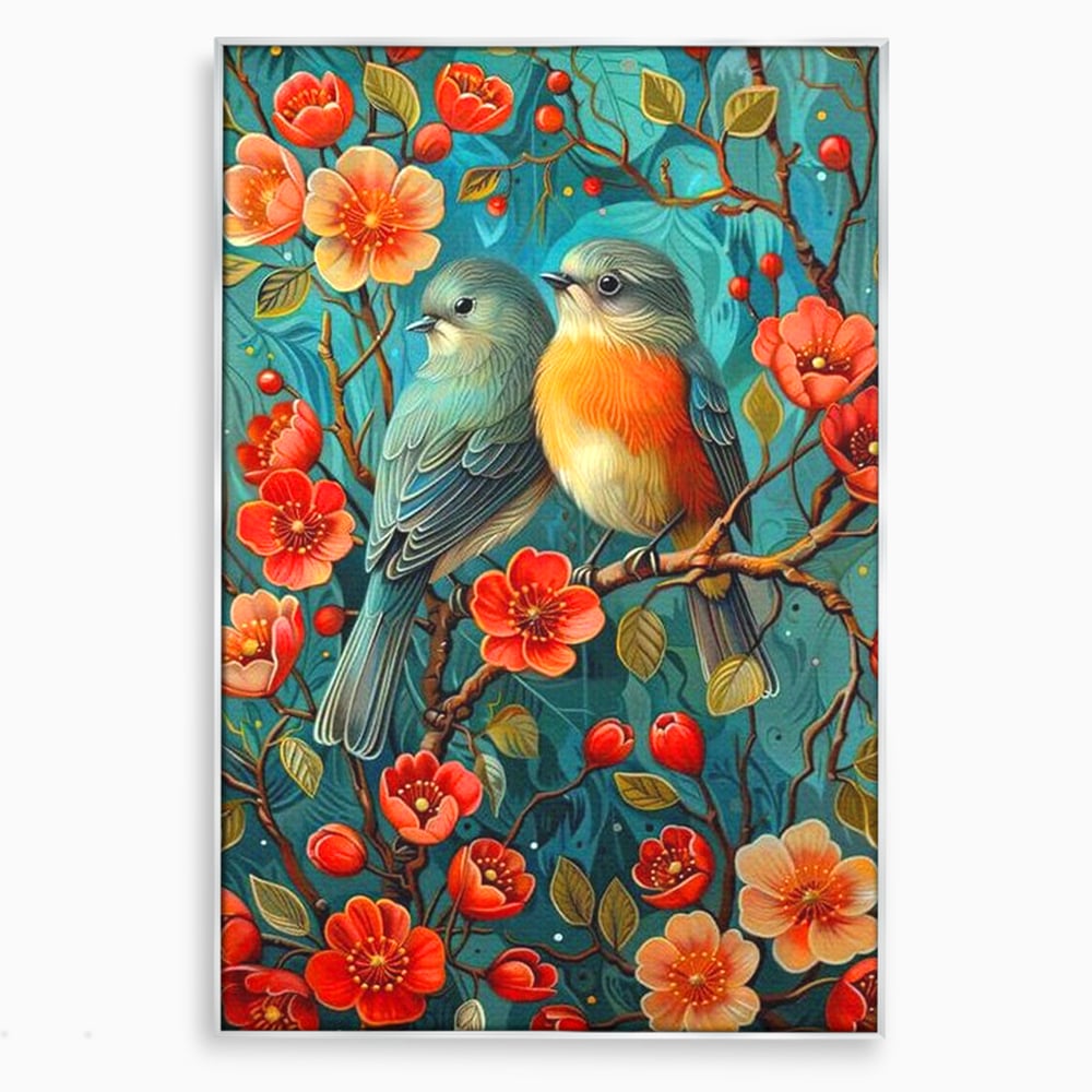 Tablou canvas cu tablou canvas cu pasari pe creanga, in rama de aluminiu argintiu