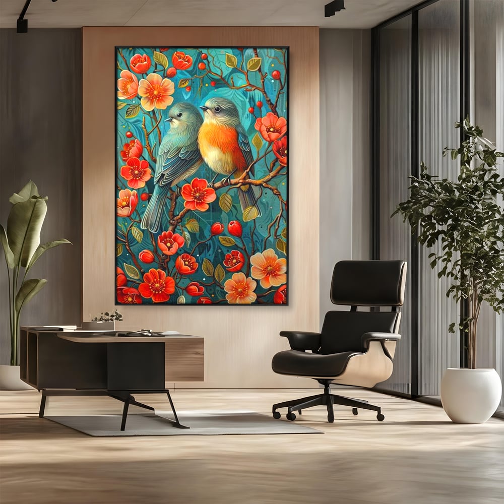 Tablou canvas cu tablou canvas cu pasari pe creanga, in rama de aluminiu negru, pe perete intr-un birou