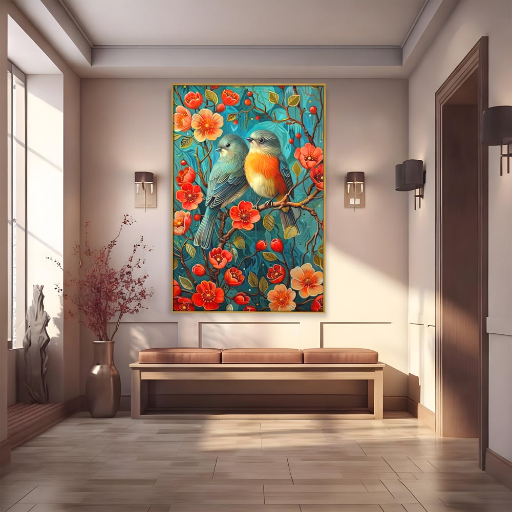 Tablou canvas cu tablou canvas cu pasari pe creanga, in rama de aluminiu auriu