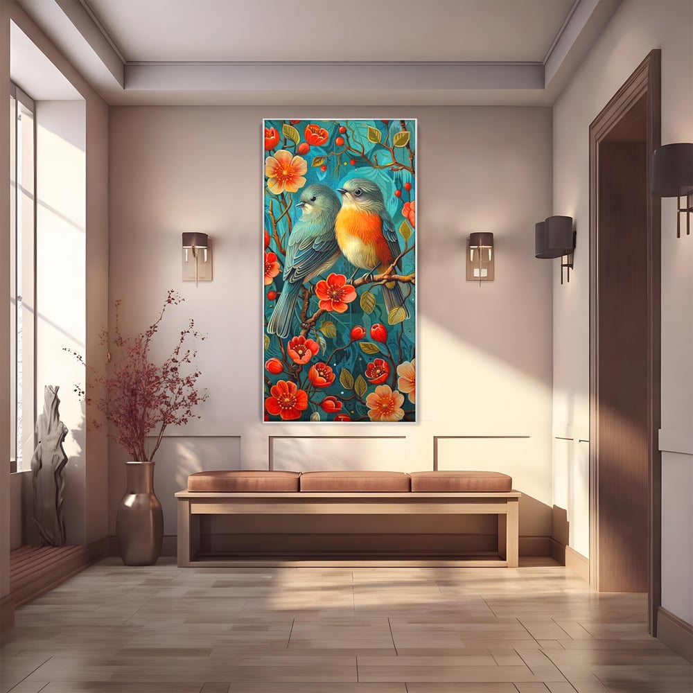 Tablou canvas cu tablou canvas cu pasari pe creanga, in rama de aluminiu argintiu