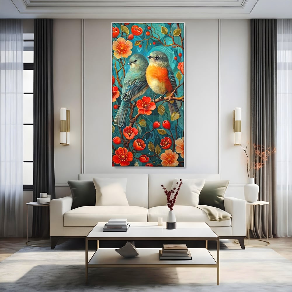 Tablou canvas cu tablou canvas cu pasari pe creanga, in rama de aluminiu argintiu, pe perete intr-un living