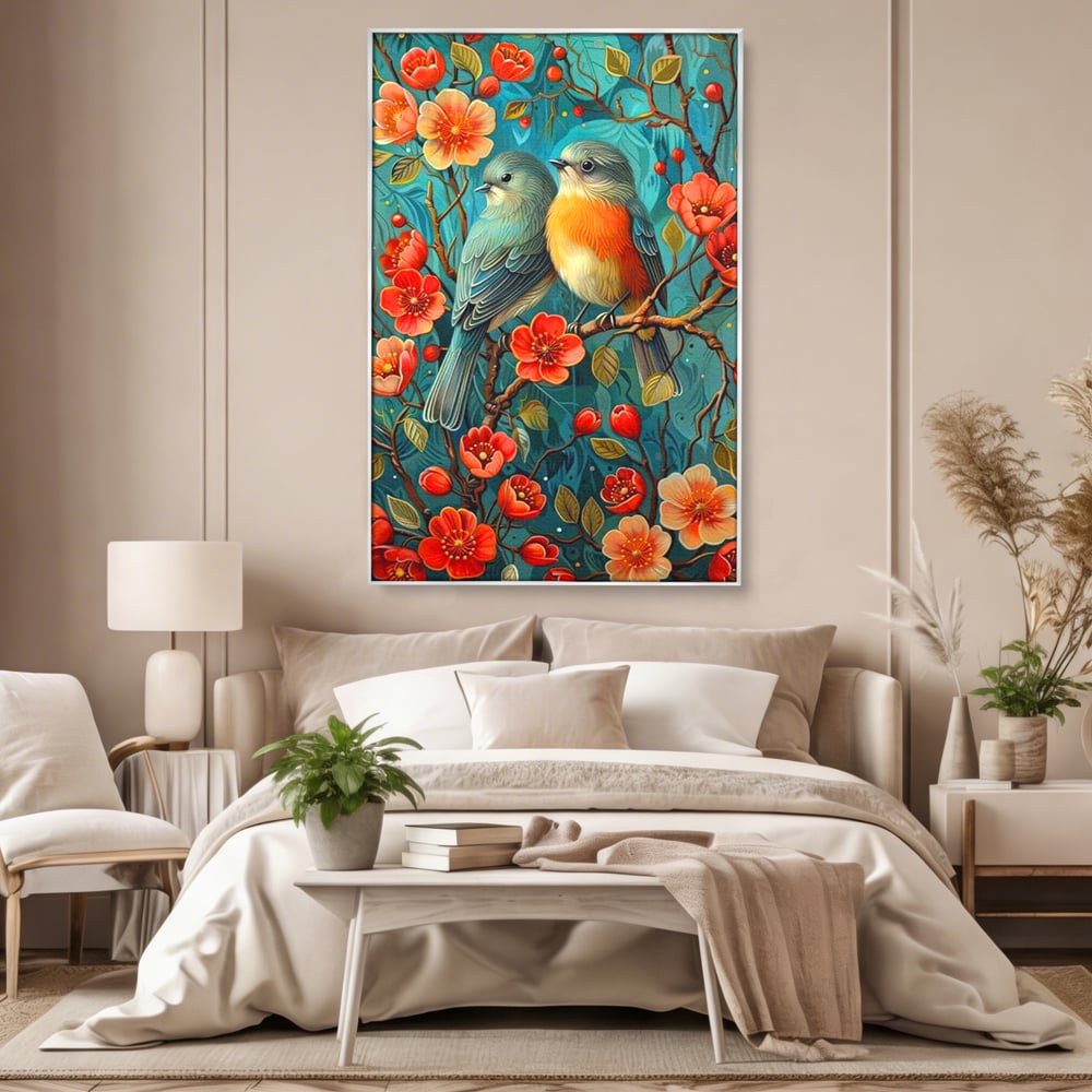 Tablou canvas cu tablou canvas cu pasari pe creanga, in rama de aluminiu argintiu, pe perete intr-un dormitor