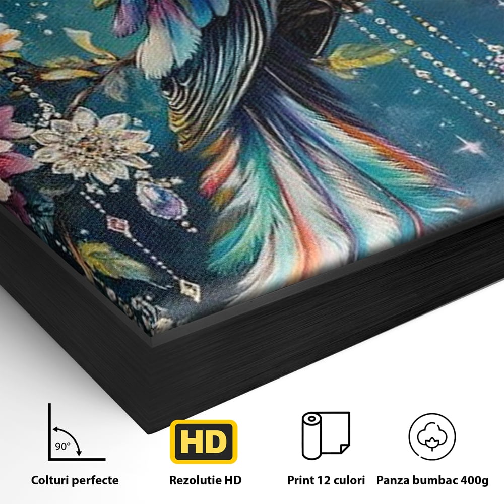Detaliu al suprafetei: tablou canvas cu pasare colorata si cristale, in rama de aluminiu negru