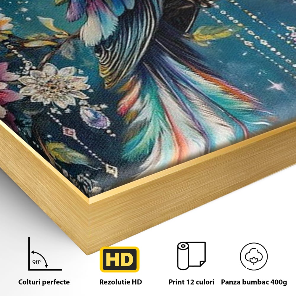 Detaliu al suprafetei: tablou canvas cu pasare colorata si cristale, in rama de aluminiu auriu