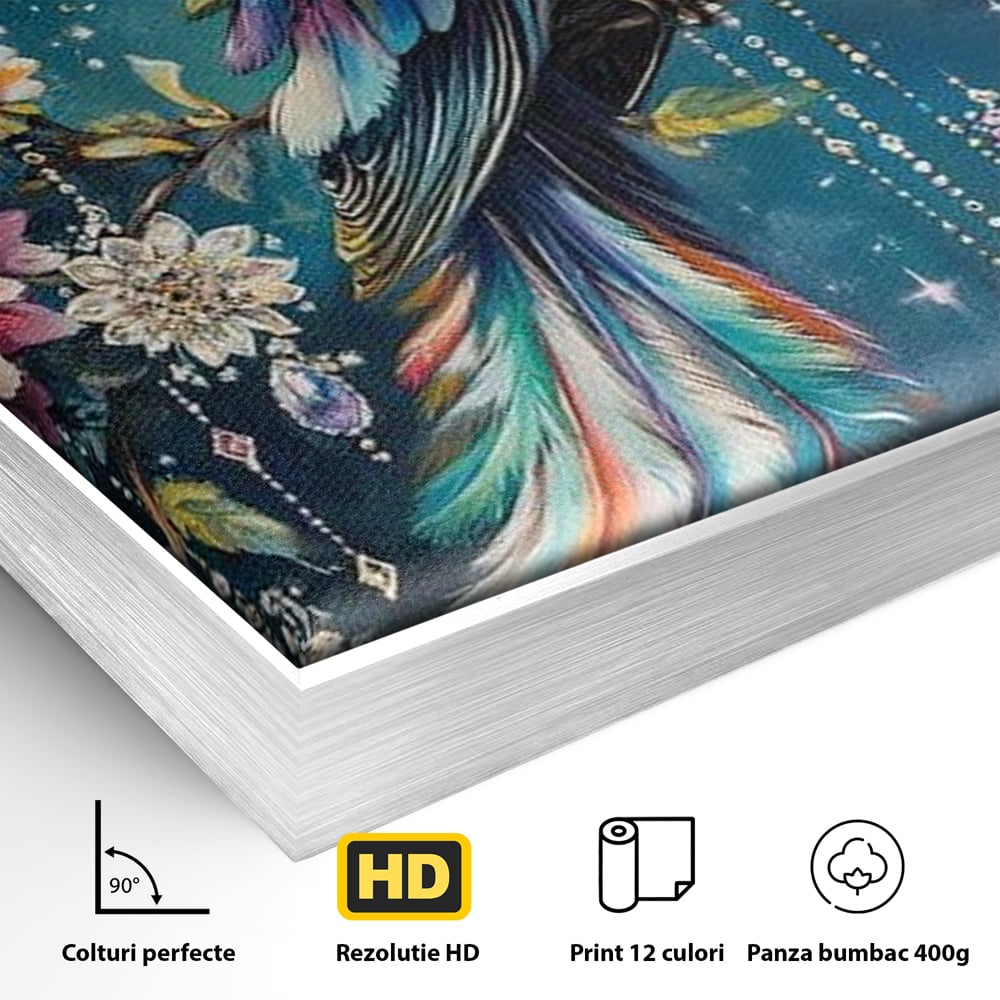 Detaliu al suprafetei: tablou canvas cu pasare colorata si cristale, in rama de aluminiu argintiu