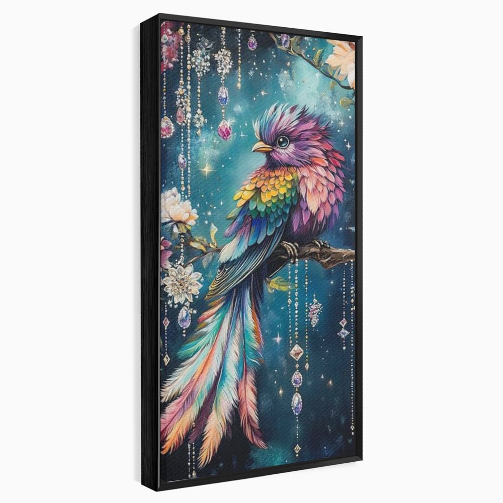 Tablou canvas cu tablou canvas cu pasare colorata si cristale, in rama de aluminiu negru