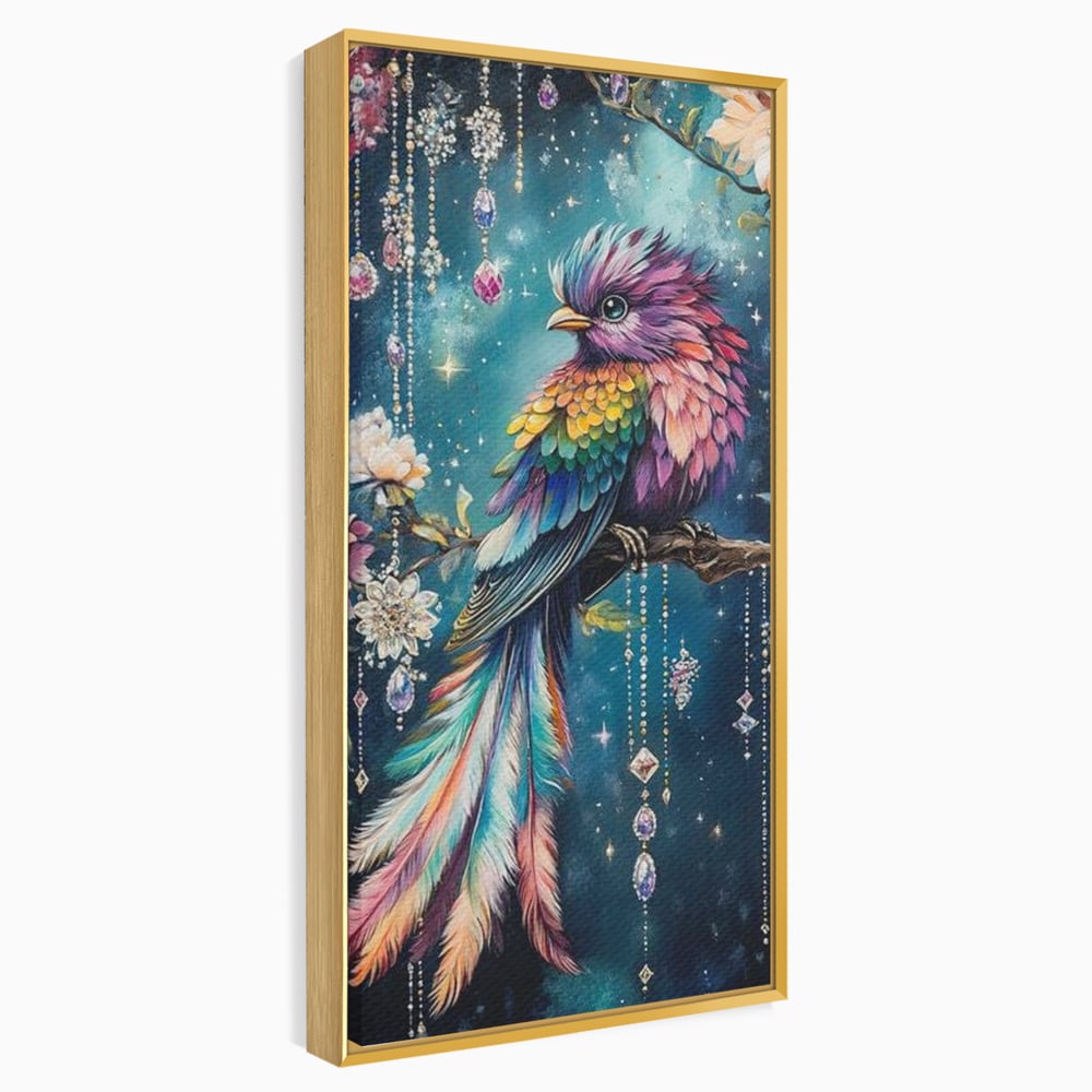 Tablou canvas cu tablou canvas cu pasare colorata si cristale, in rama de aluminiu auriu