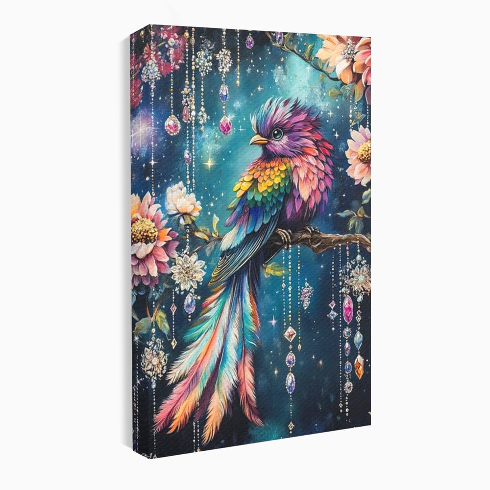 Tablou canvas cu tablou canvas cu pasare colorata si cristale, fara rama, pe sasiu de lemn