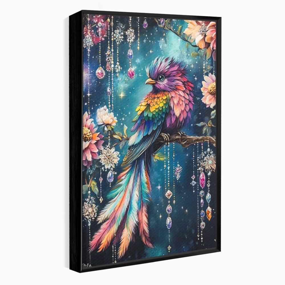 Tablou canvas cu tablou canvas cu pasare colorata si cristale, in rama de aluminiu negru