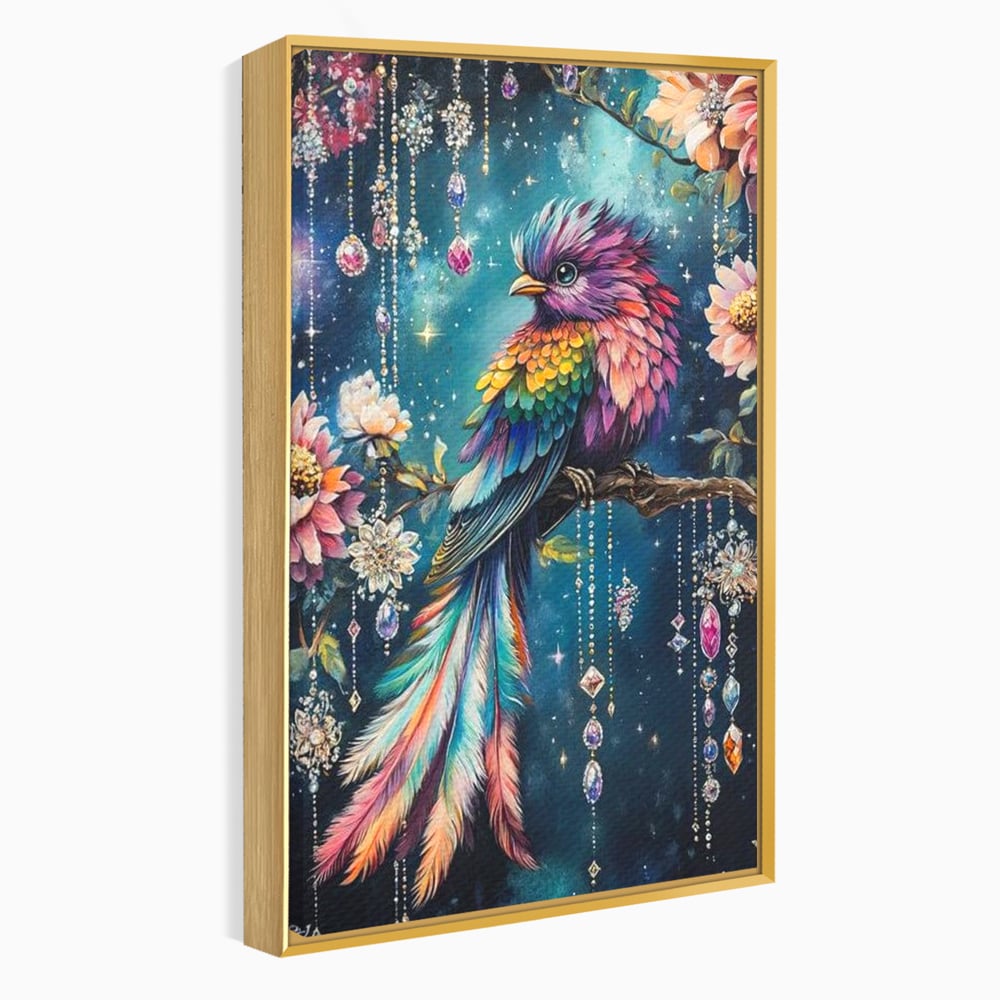 Tablou canvas cu tablou canvas cu pasare colorata si cristale, in rama de aluminiu auriu