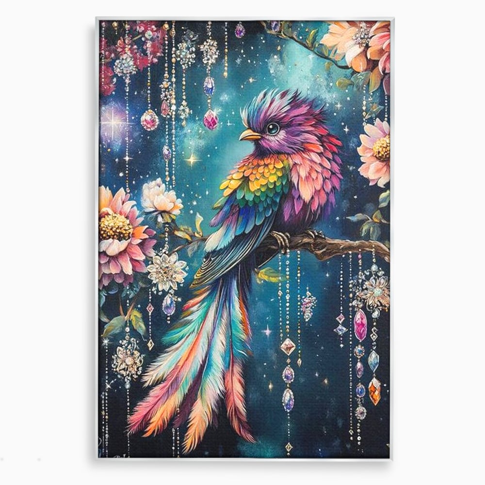 Tablou canvas cu tablou canvas cu pasare colorata si cristale, in rama de aluminiu argintiu