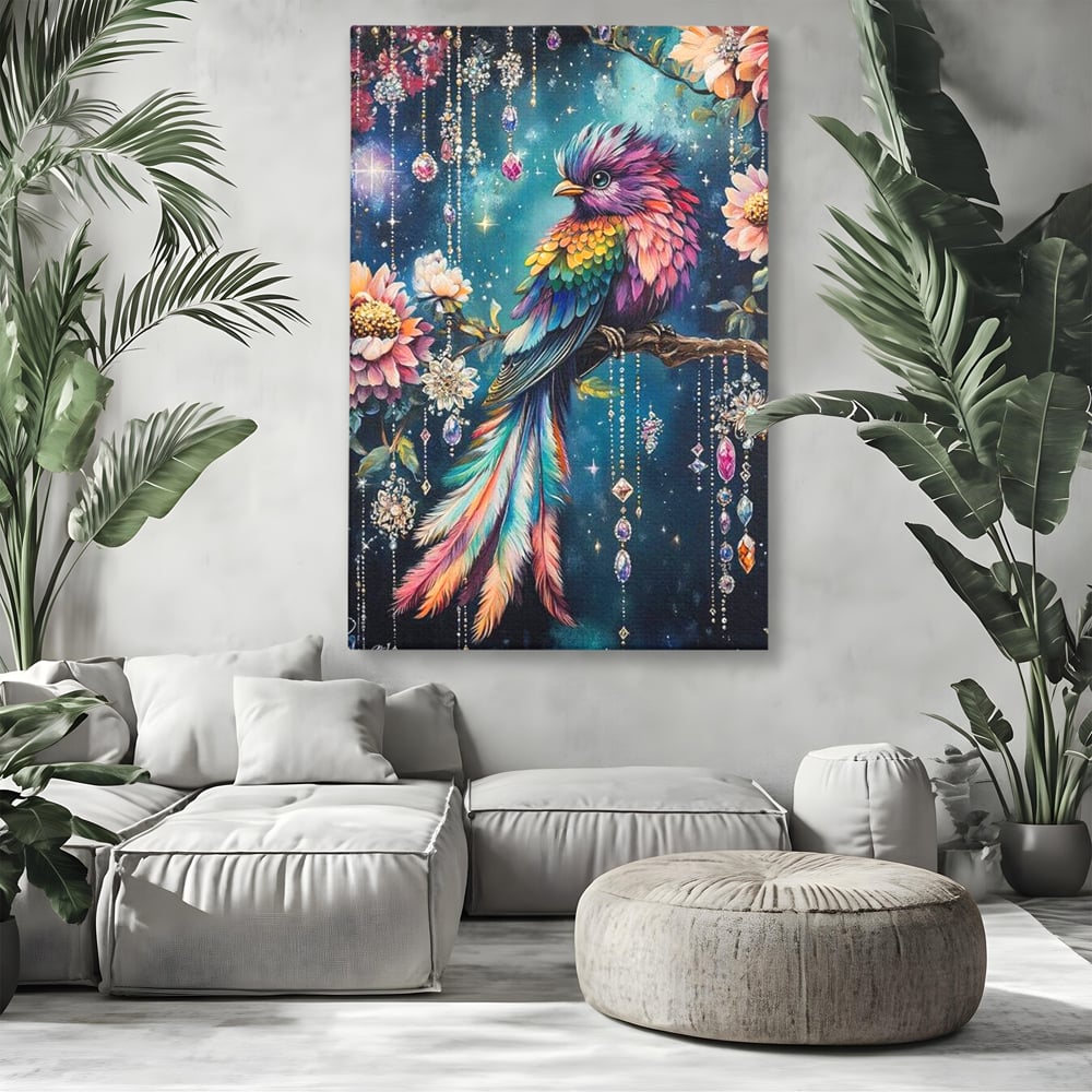 Tablou canvas cu tablou canvas cu pasare colorata si cristale, fara rama, pe sasiu de lemn, pe perete intr-un living