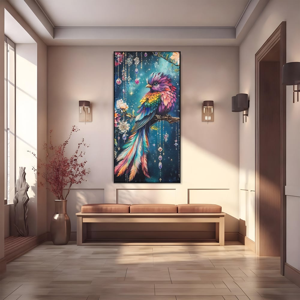 Tablou canvas cu tablou canvas cu pasare colorata si cristale, in rama de aluminiu negru