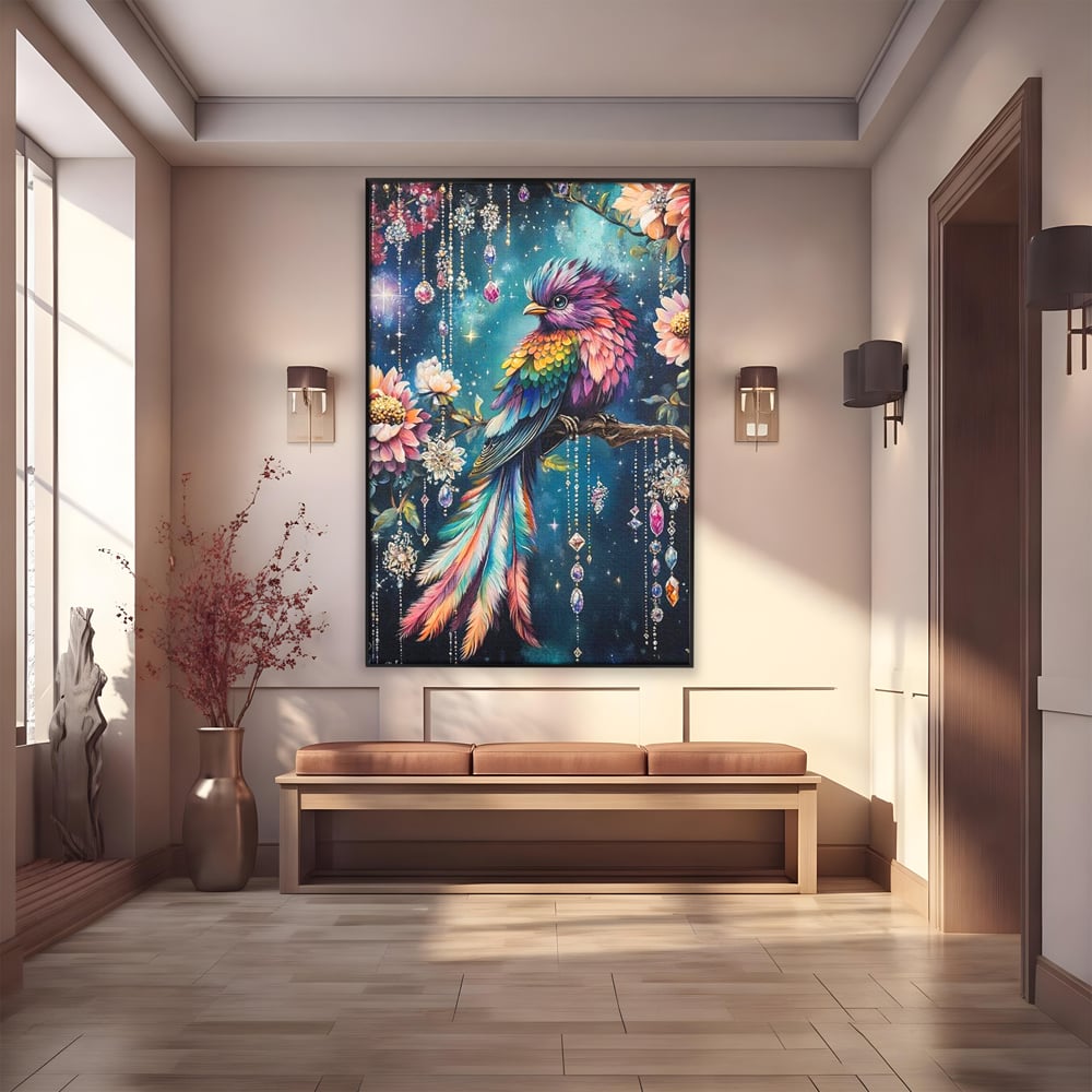 Tablou canvas cu tablou canvas cu pasare colorata si cristale, in rama de aluminiu negru