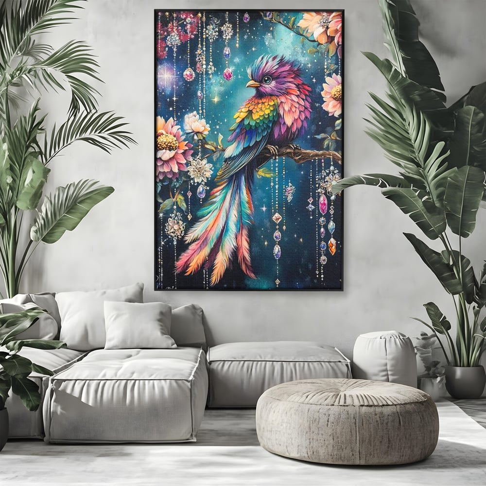 Tablou canvas cu tablou canvas cu pasare colorata si cristale, in rama de aluminiu negru, pe perete intr-un living