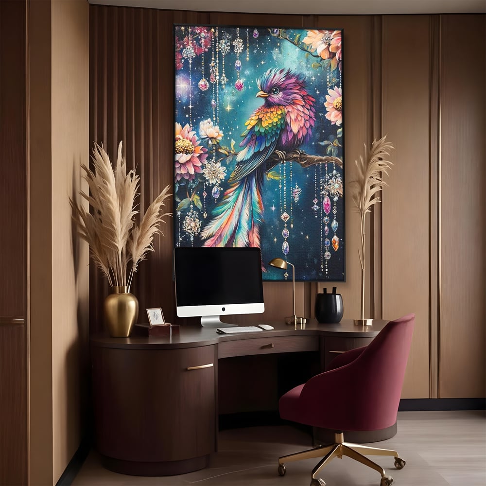 Tablou canvas cu tablou canvas cu pasare colorata si cristale, in rama de aluminiu negru, pe perete intr-un birou