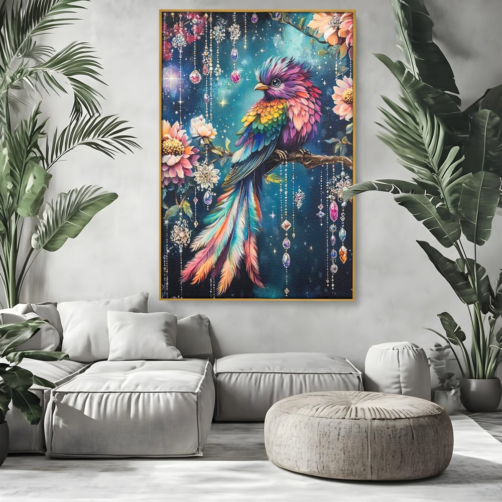 Tablou canvas cu tablou canvas cu pasare colorata si cristale, in rama de aluminiu auriu, pe perete intr-un living