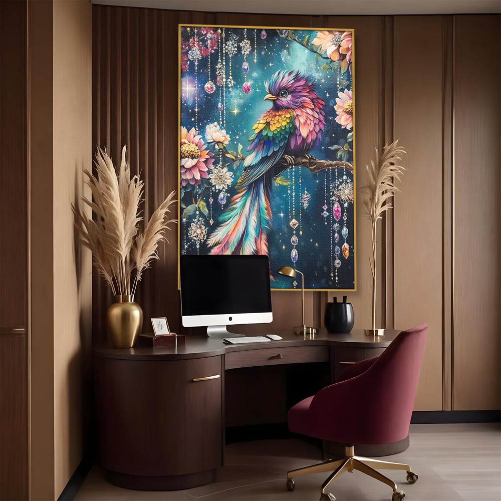 Tablou canvas cu tablou canvas cu pasare colorata si cristale, in rama de aluminiu auriu, pe perete intr-un birou