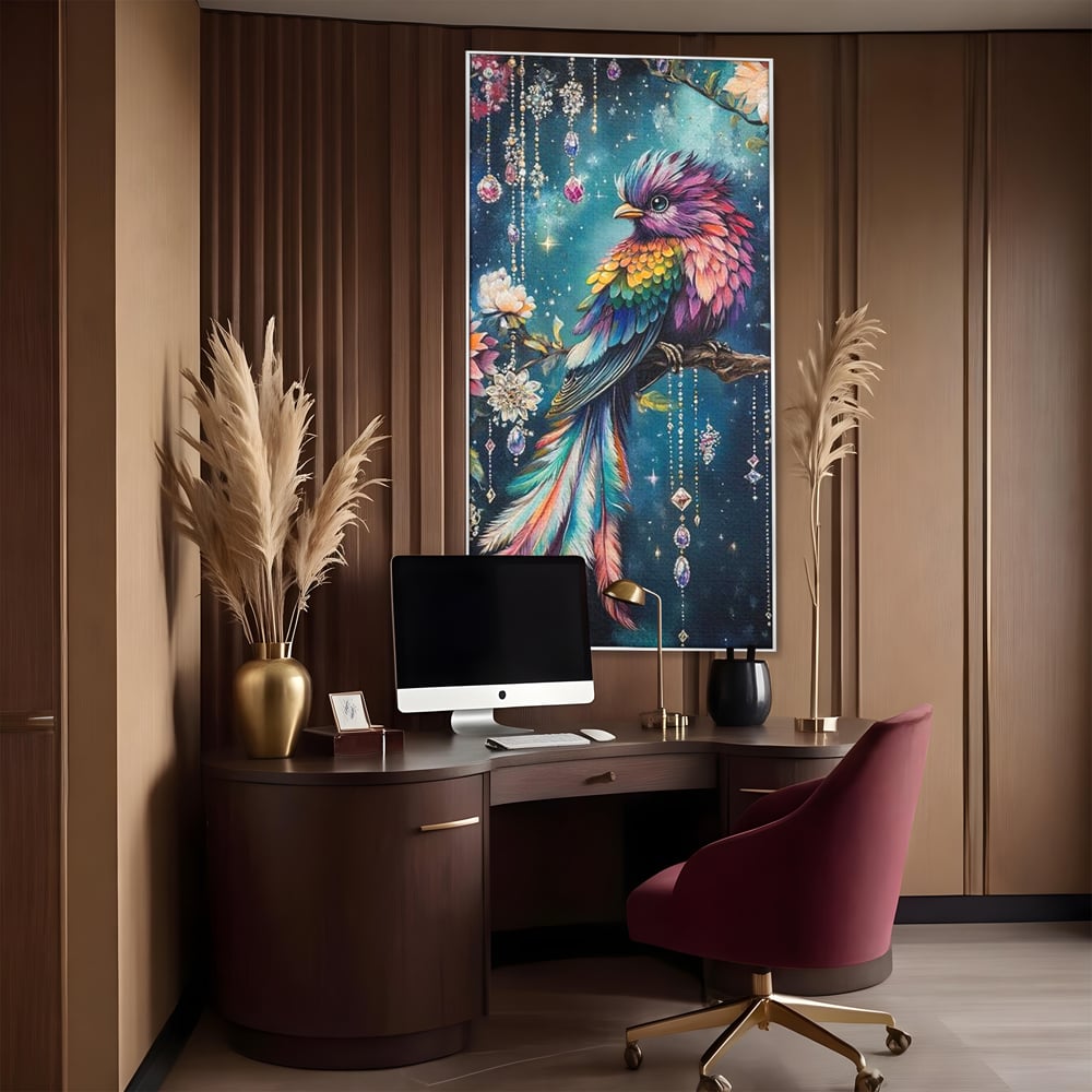 Tablou canvas cu tablou canvas cu pasare colorata si cristale, in rama de aluminiu argintiu, pe perete intr-un birou
