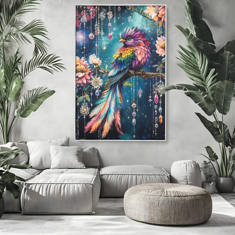 Tablou canvas cu tablou canvas cu pasare colorata si cristale, in rama de aluminiu argintiu, pe perete intr-un living