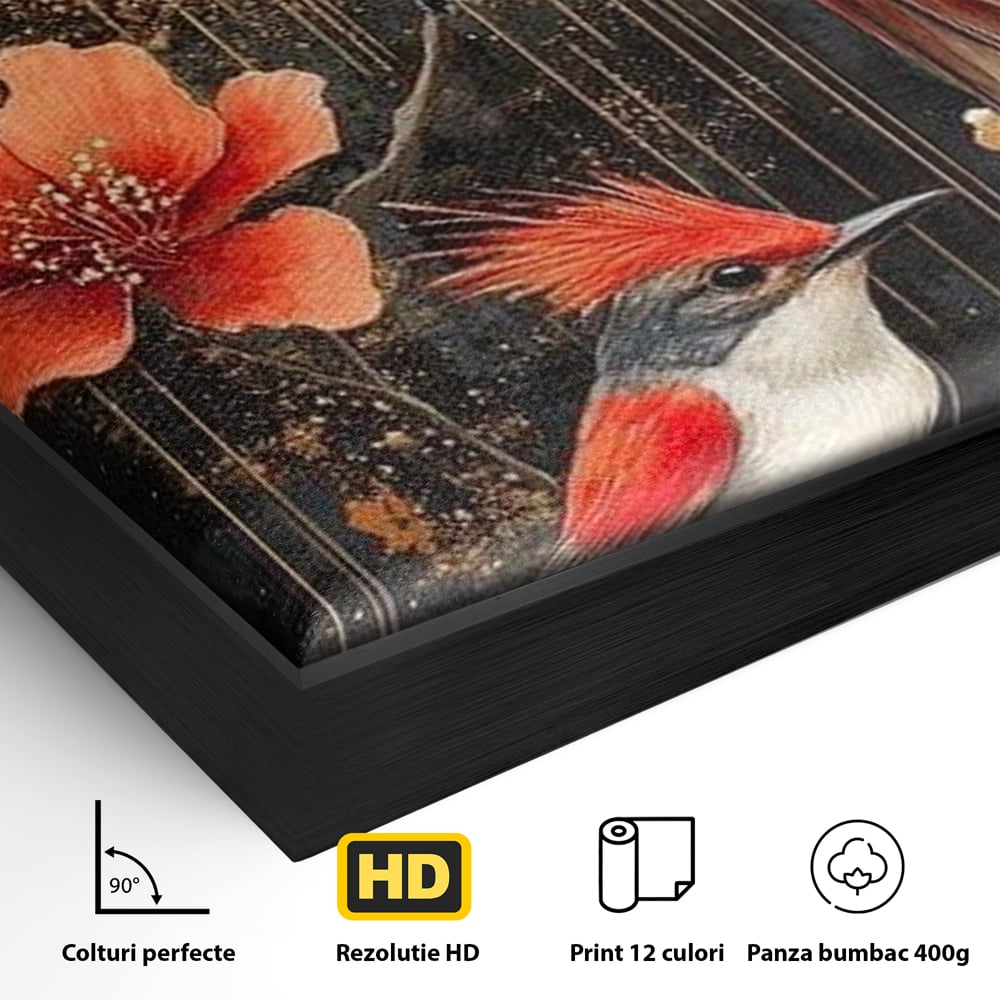 Detaliu al suprafetei: tablou canvas cu pasari si flori rosii, in rama de aluminiu negru