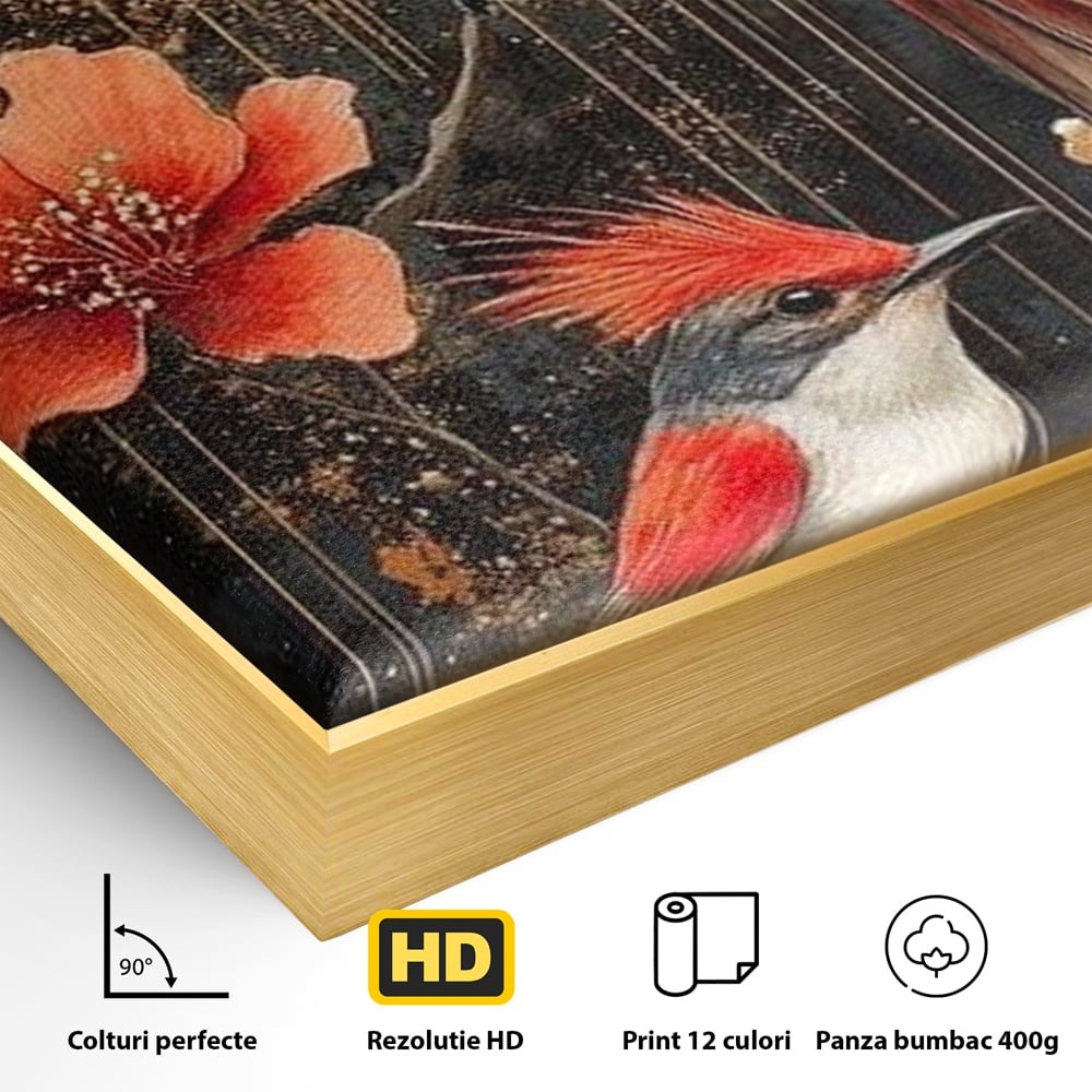 Detaliu al suprafetei: tablou canvas cu pasari si flori rosii, in rama de aluminiu auriu