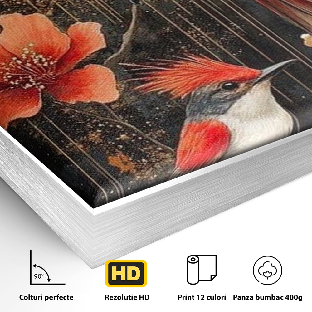 Detaliu al suprafetei: tablou canvas cu pasari si flori rosii, in rama de aluminiu argintiu