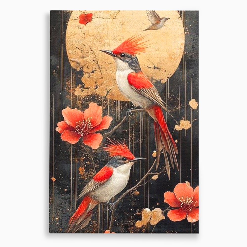 Tablou canvas cu tablou canvas cu pasari si flori rosii, fara rama, pe sasiu de lemn