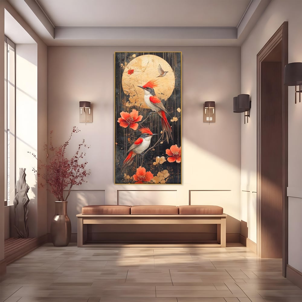 Tablou canvas cu tablou canvas cu pasari si flori rosii, in rama de aluminiu auriu