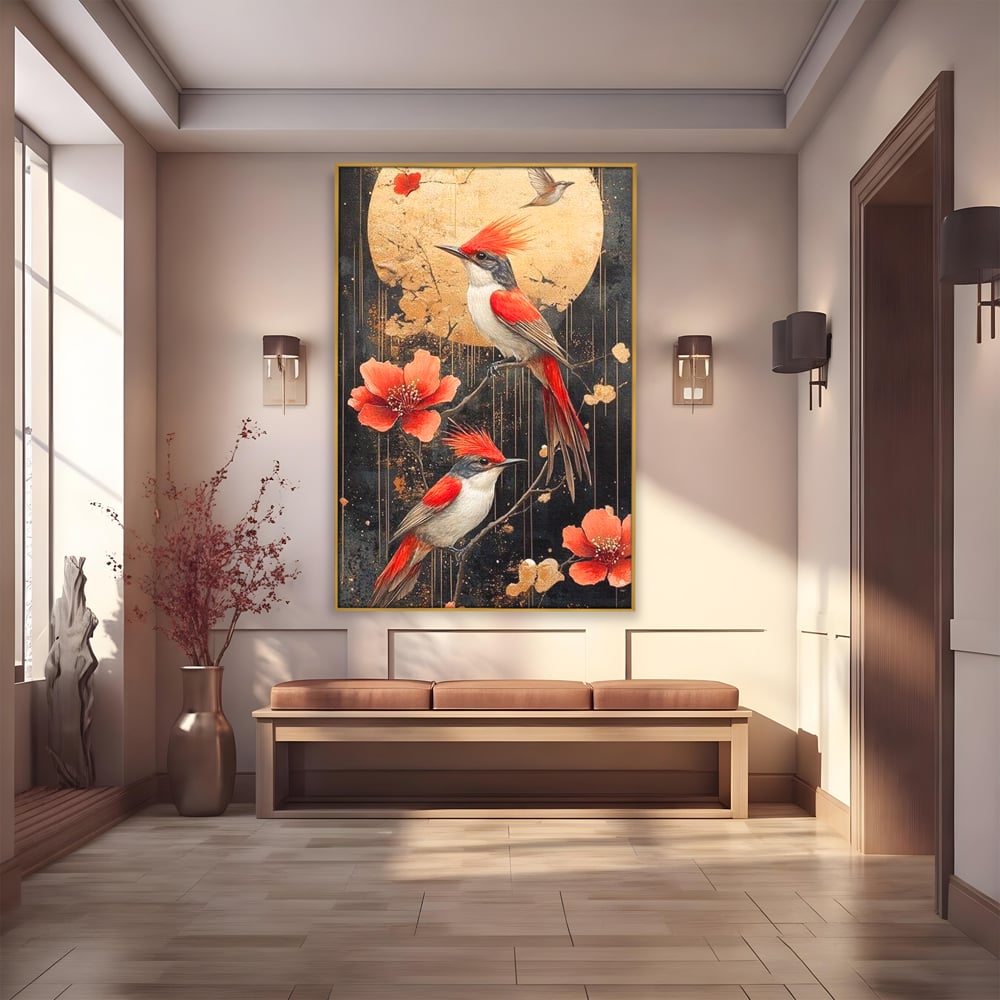 Tablou canvas cu tablou canvas cu pasari si flori rosii, in rama de aluminiu auriu