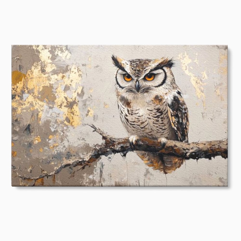 Tablou canvas cu tablou canvas cu bufnita pe ramura, fara rama, pe sasiu de lemn
