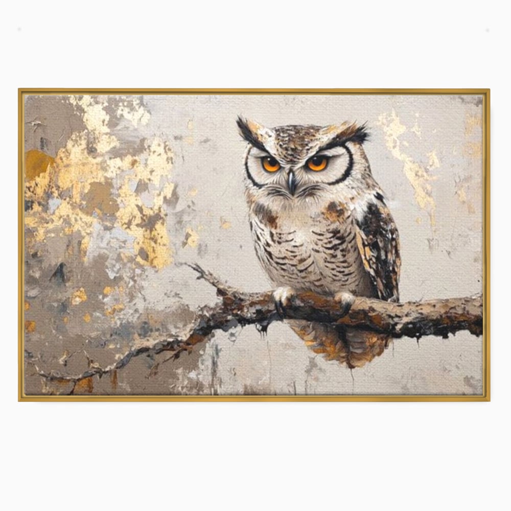 Tablou canvas cu tablou canvas cu bufnita pe ramura, in rama de aluminiu auriu