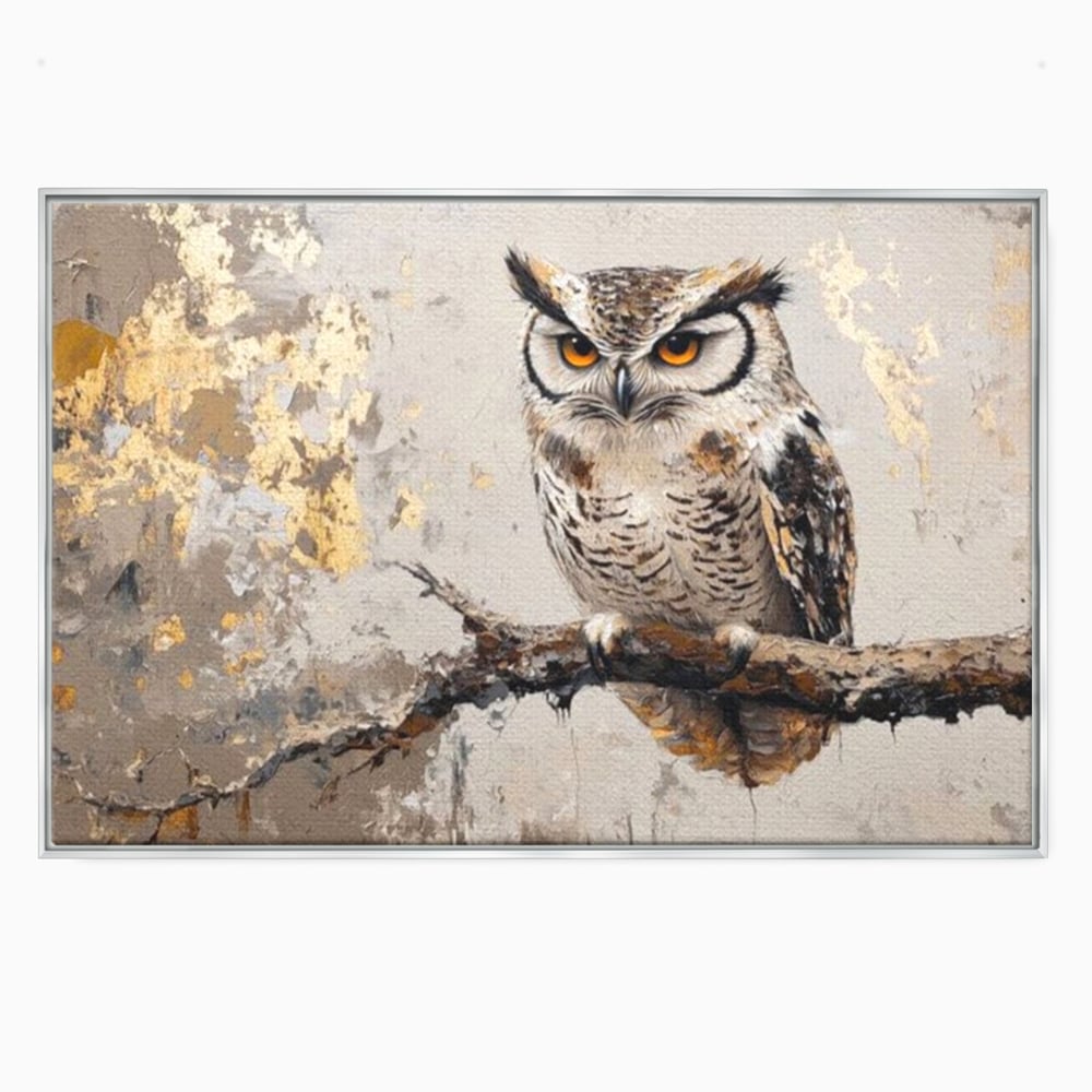 Tablou canvas cu tablou canvas cu bufnita pe ramura, in rama de aluminiu argintiu