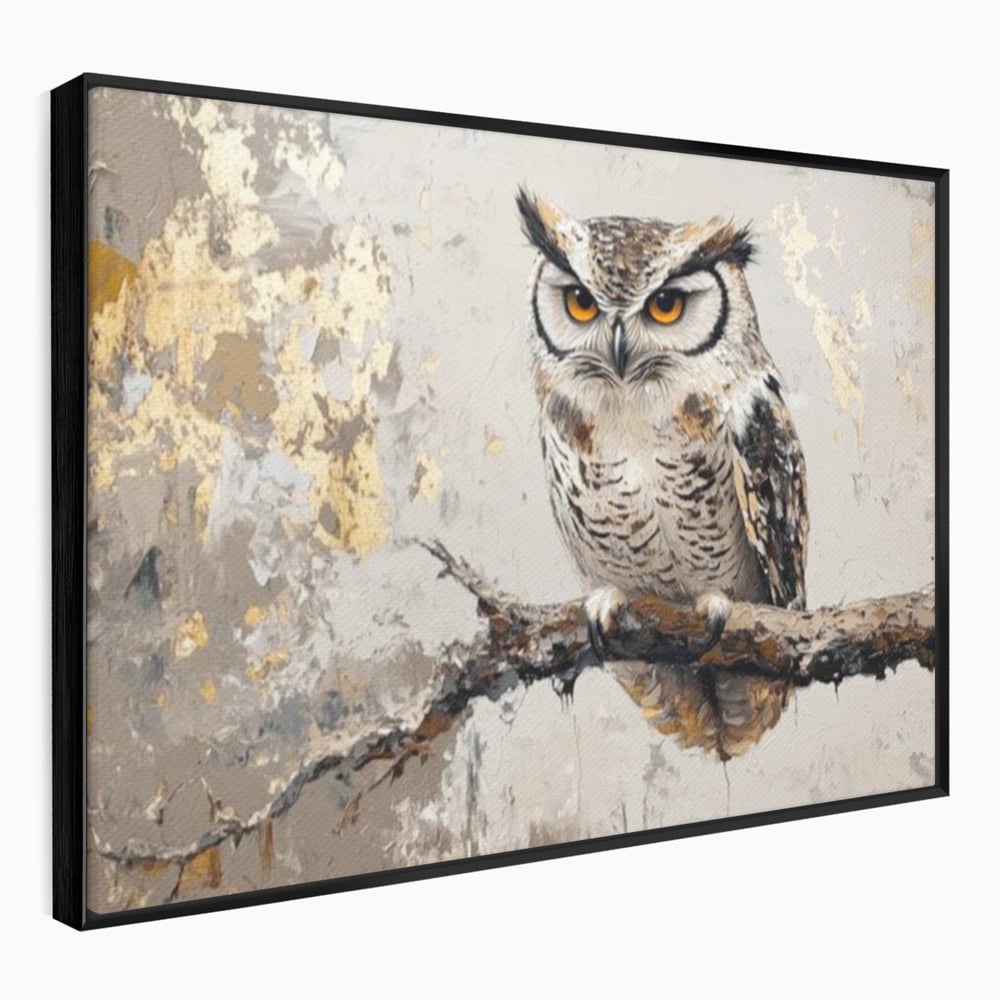 Tablou canvas cu tablou canvas cu bufnita pe ramura, in rama de aluminiu negru