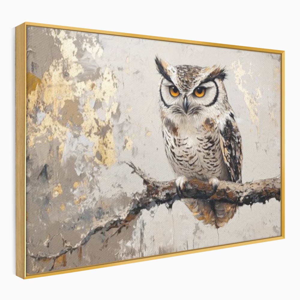 Tablou canvas cu tablou canvas cu bufnita pe ramura, in rama de aluminiu auriu