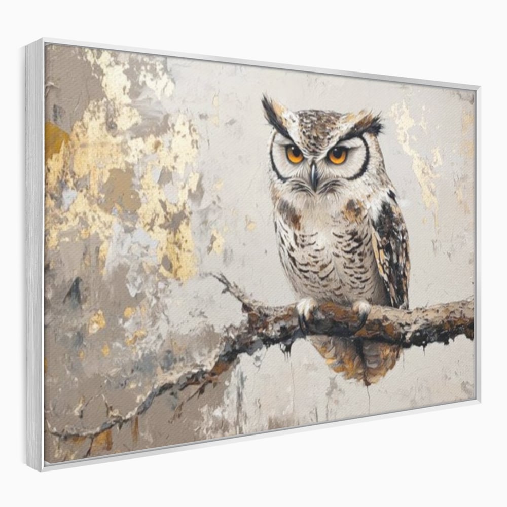 Tablou canvas cu tablou canvas cu bufnita pe ramura, in rama de aluminiu argintiu