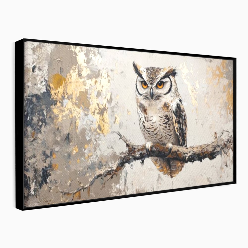 Tablou canvas cu tablou canvas cu bufnita pe ramura, in rama de aluminiu negru