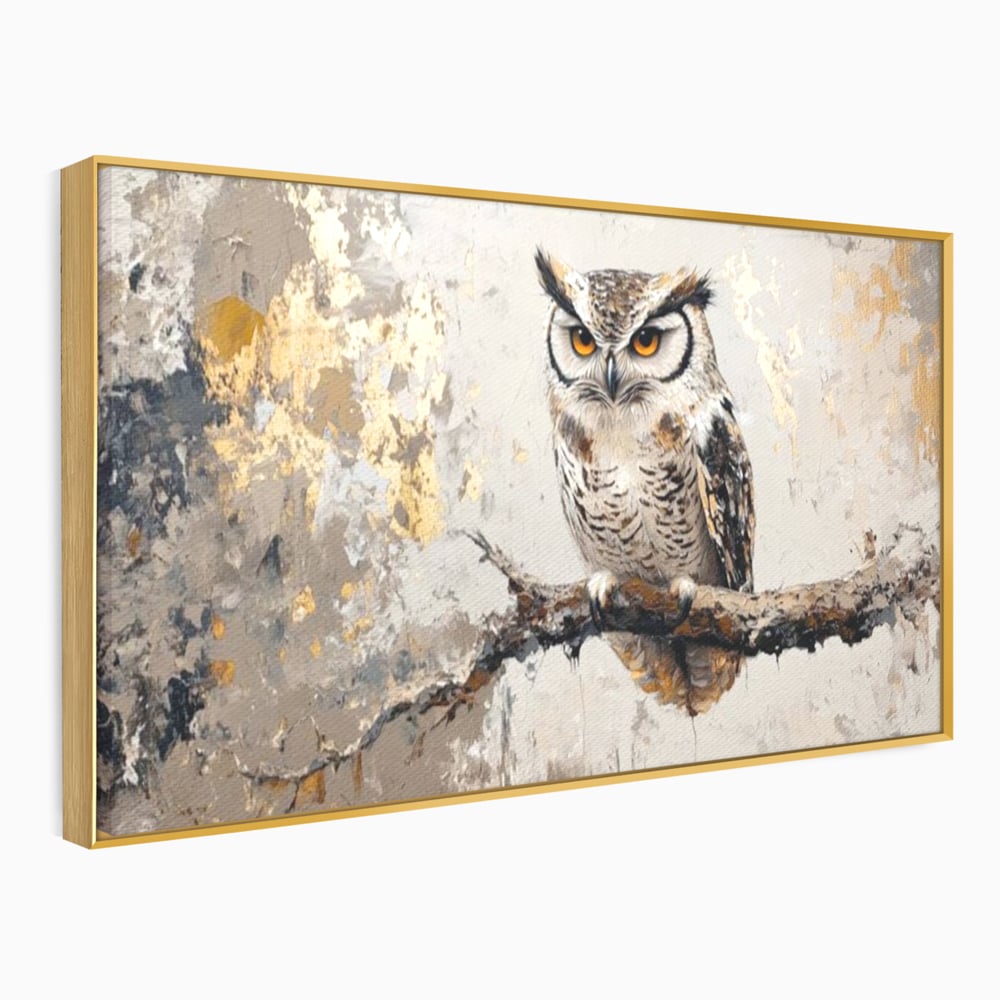 Tablou canvas cu tablou canvas cu bufnita pe ramura, in rama de aluminiu auriu