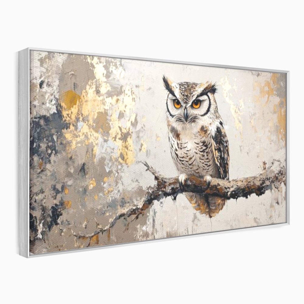Tablou canvas cu tablou canvas cu bufnita pe ramura, in rama de aluminiu argintiu