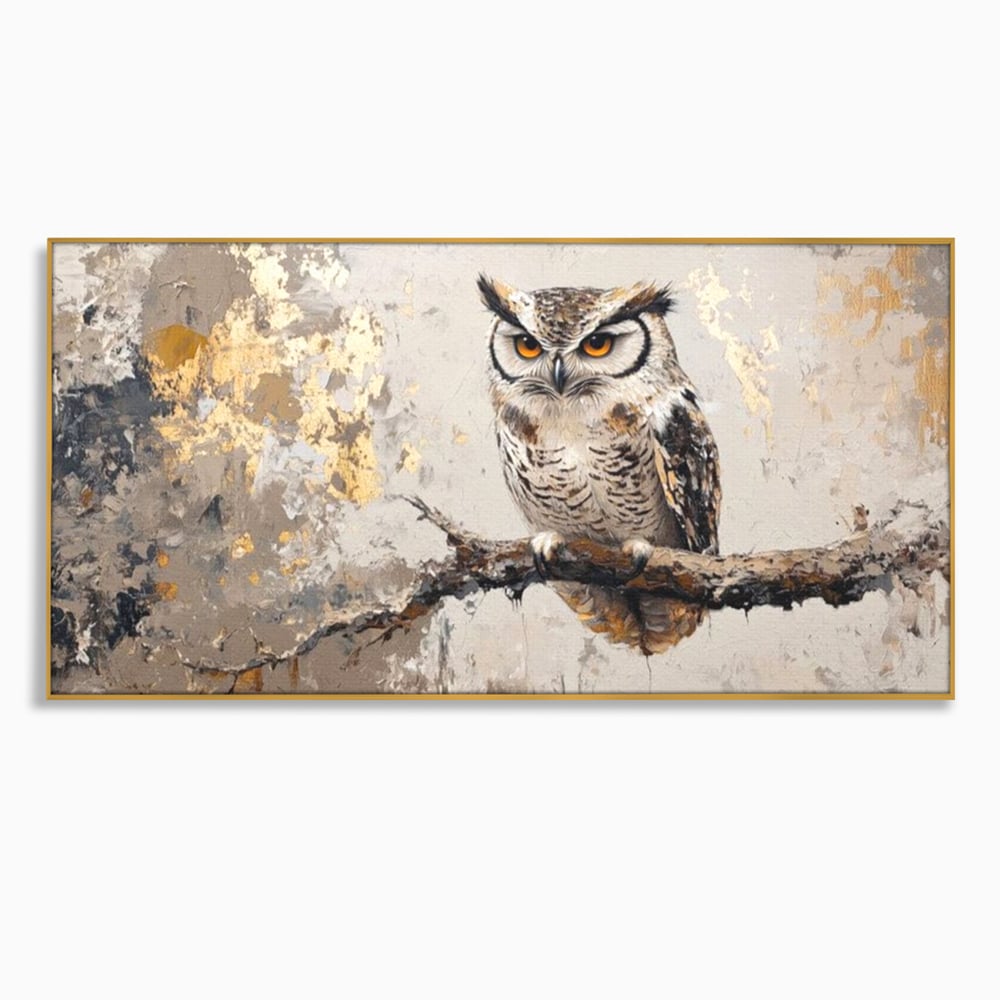 Tablou canvas cu tablou canvas cu bufnita pe ramura, in rama de aluminiu auriu