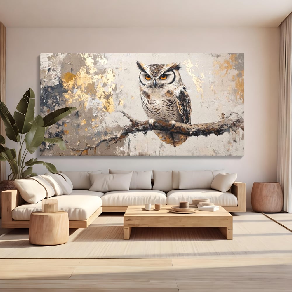 Tablou canvas cu tablou canvas cu bufnita pe ramura, fara rama, pe sasiu de lemn, pe perete intr-un living