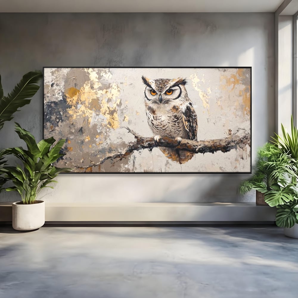 Tablou canvas cu tablou canvas cu bufnita pe ramura, in rama de aluminiu negru