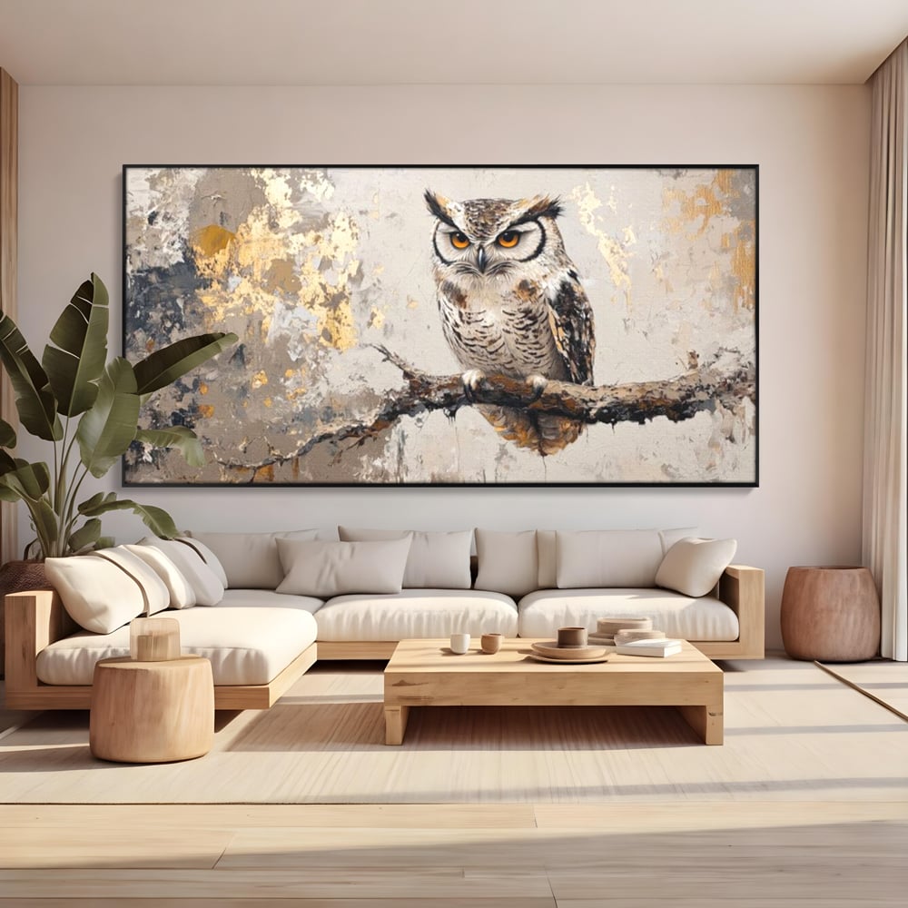 Tablou canvas cu tablou canvas cu bufnita pe ramura, in rama de aluminiu negru, pe perete intr-un living