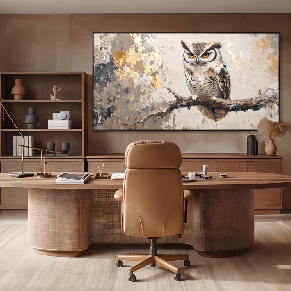 Tablou canvas cu tablou canvas cu bufnita pe ramura, in rama de aluminiu negru, pe perete intr-un birou
