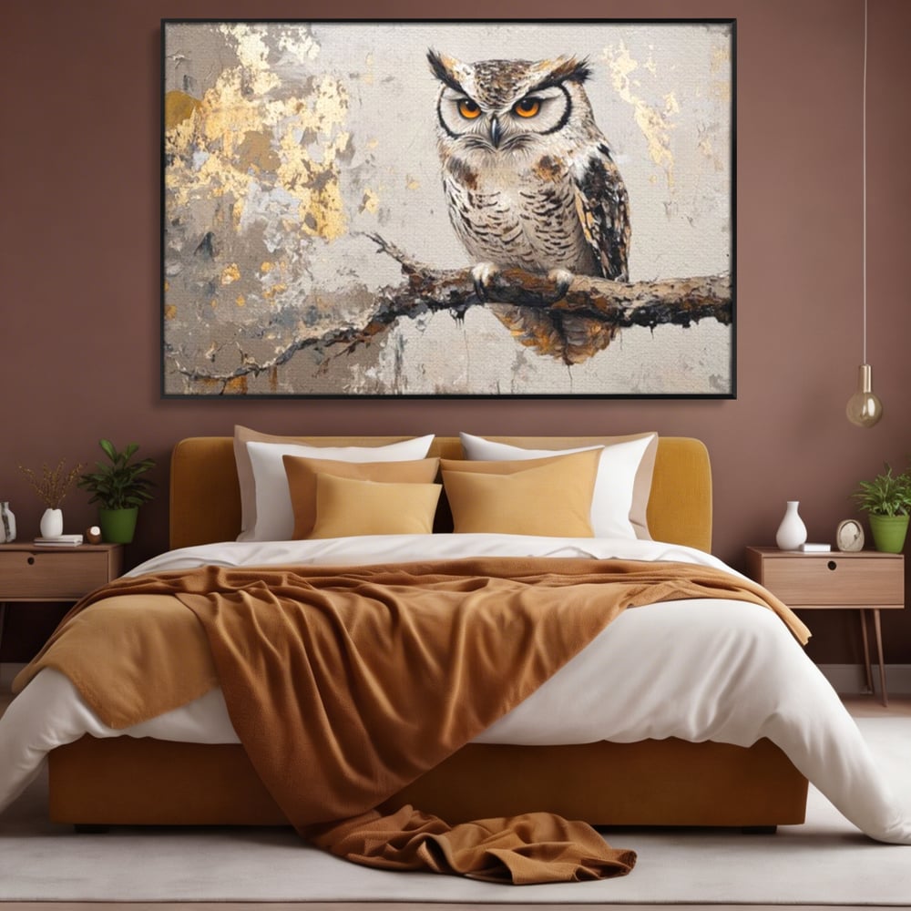 Tablou canvas cu tablou canvas cu bufnita pe ramura, in rama de aluminiu negru, pe perete intr-un dormitor